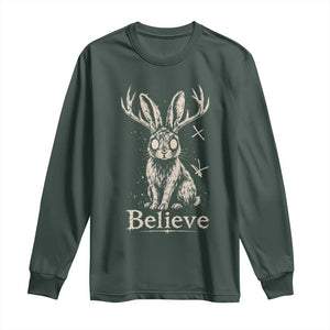 Gothic Jackalope Long Sleeve Shirt Creepy Occult Graphic Monochromatic Spooky Horned Rabbit Dark Academia
