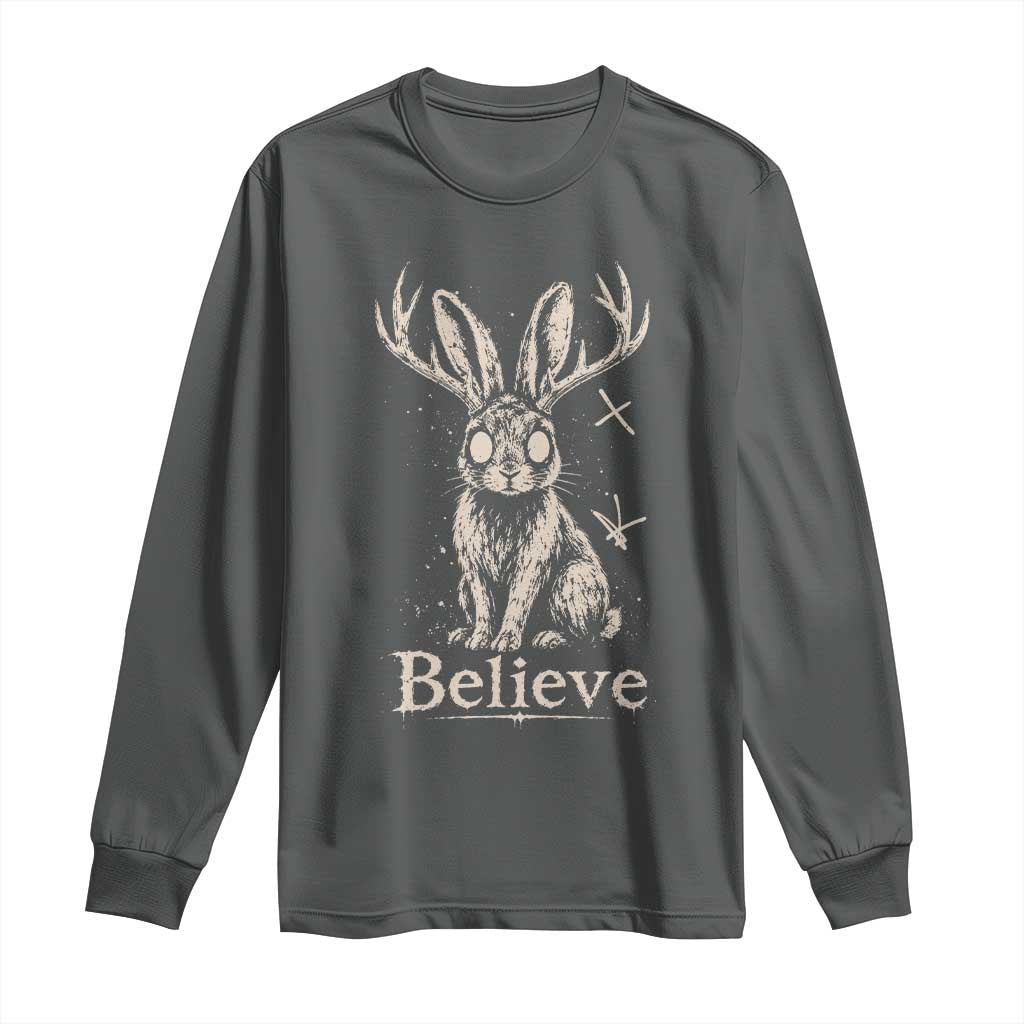 Gothic Jackalope Long Sleeve Shirt Creepy Occult Graphic Monochromatic Spooky Horned Rabbit Dark Academia