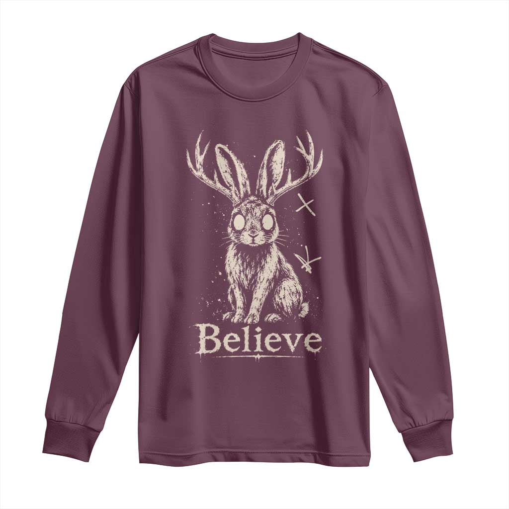 Gothic Jackalope Long Sleeve Shirt Creepy Occult Graphic Monochromatic Spooky Horned Rabbit Dark Academia