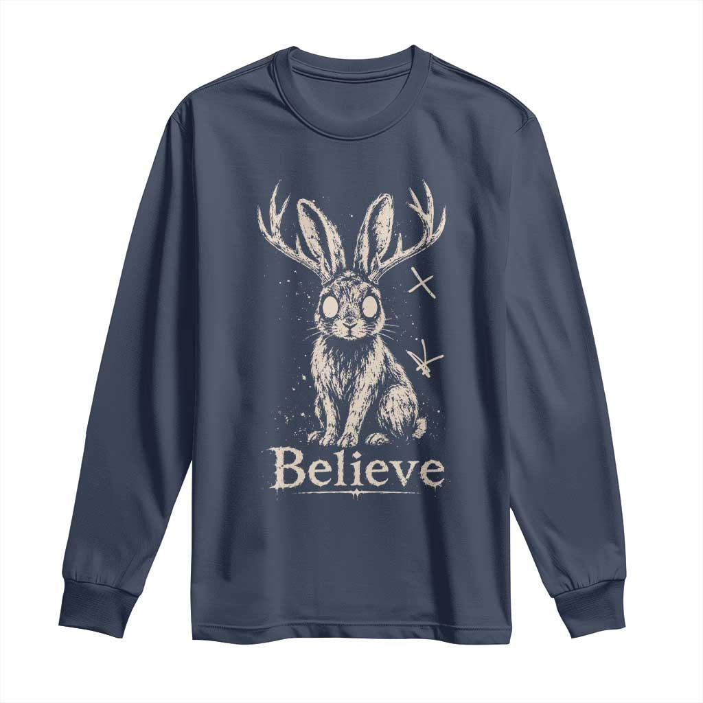 Gothic Jackalope Long Sleeve Shirt Creepy Occult Graphic Monochromatic Spooky Horned Rabbit Dark Academia
