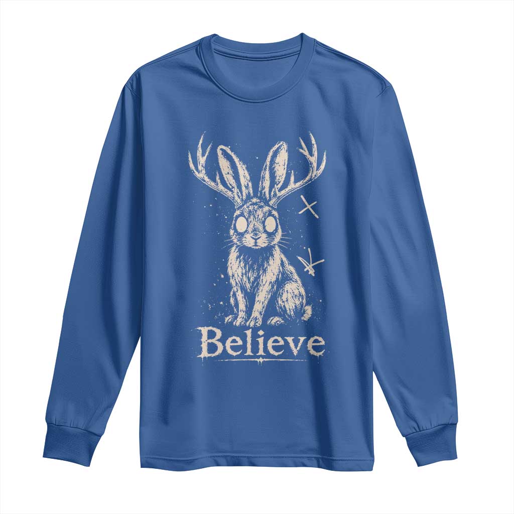 Gothic Jackalope Long Sleeve Shirt Creepy Occult Graphic Monochromatic Spooky Horned Rabbit Dark Academia