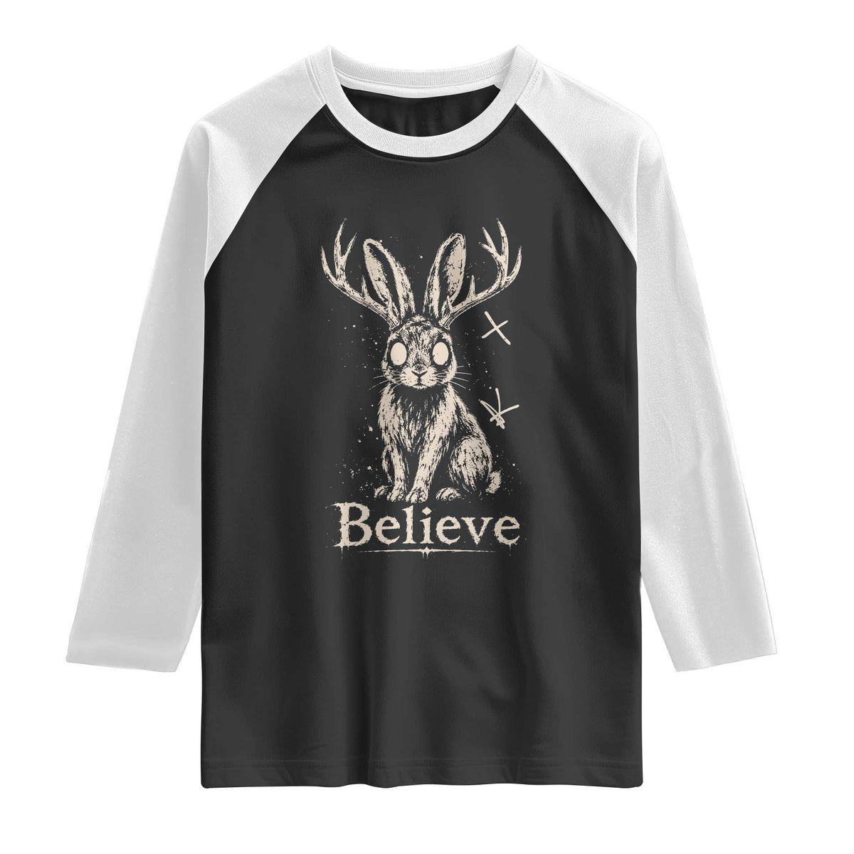 Gothic Jackalope Raglan Shirt Creepy Occult Graphic Monochromatic Spooky Horned Rabbit Dark Academia