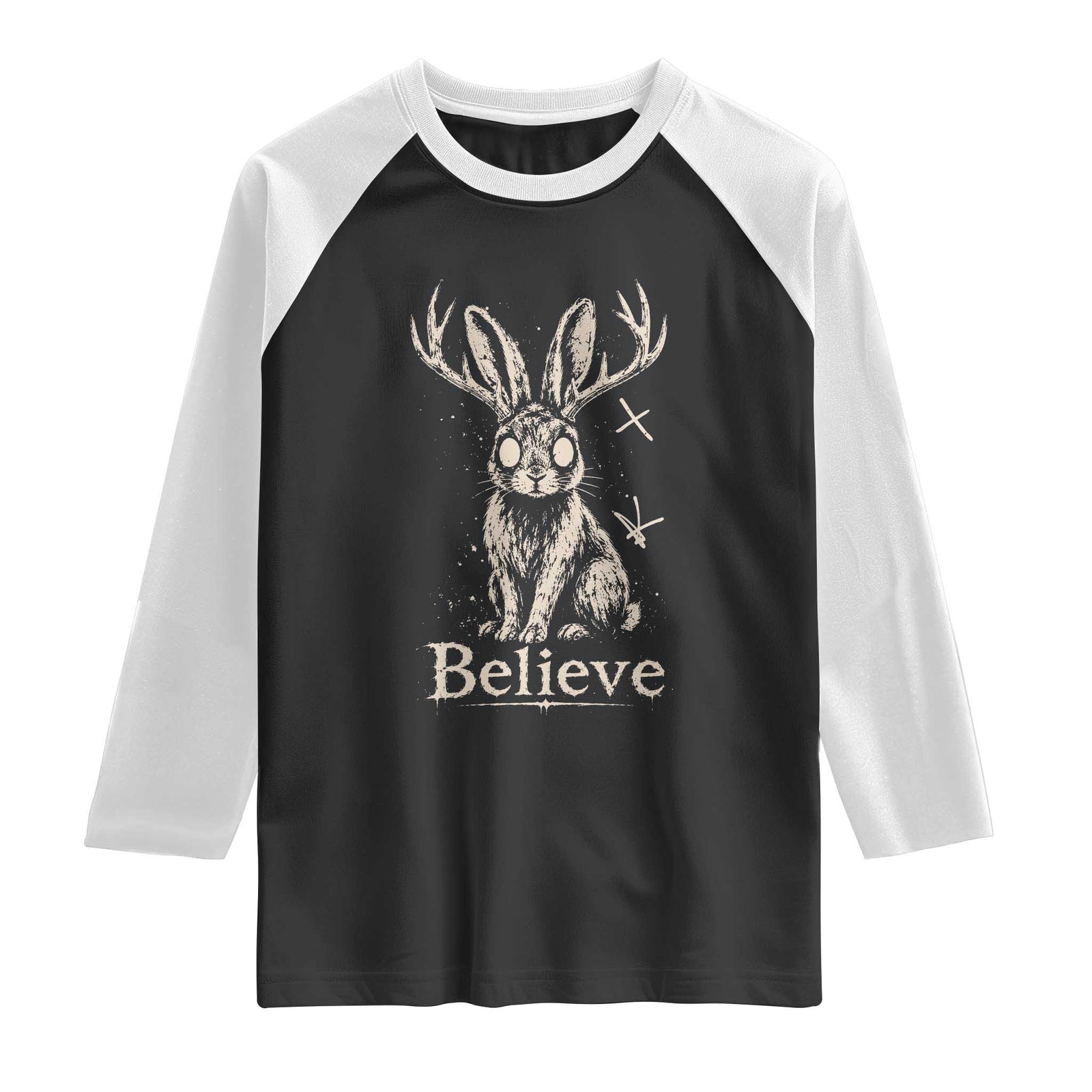 Gothic Jackalope Raglan Shirt Creepy Occult Graphic Monochromatic Spooky Horned Rabbit Dark Academia