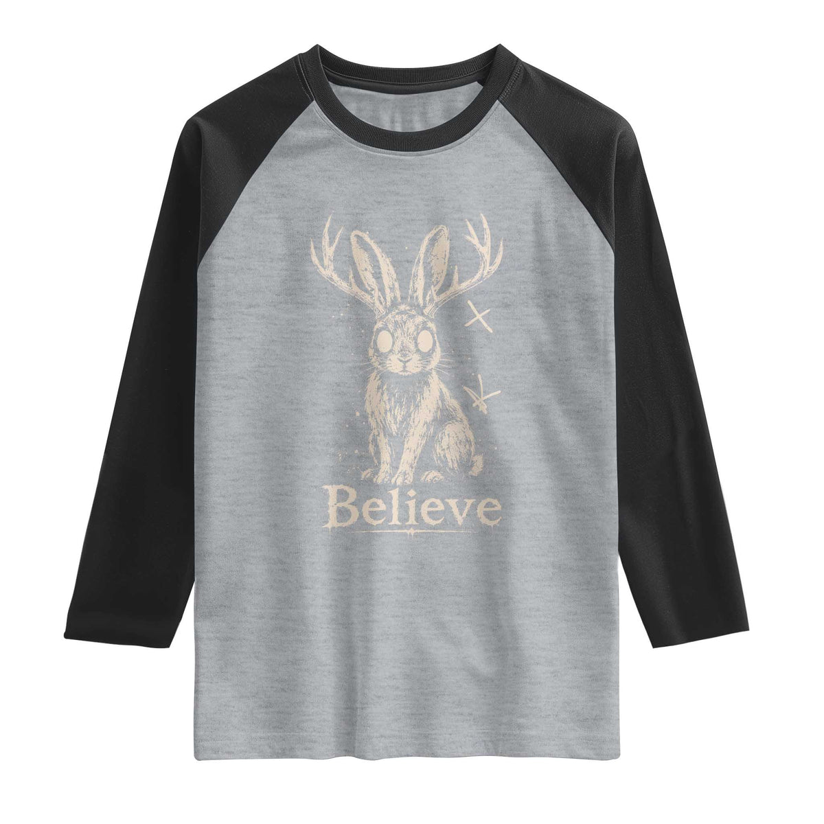 Gothic Jackalope Raglan Shirt Creepy Occult Graphic Monochromatic Spooky Horned Rabbit Dark Academia
