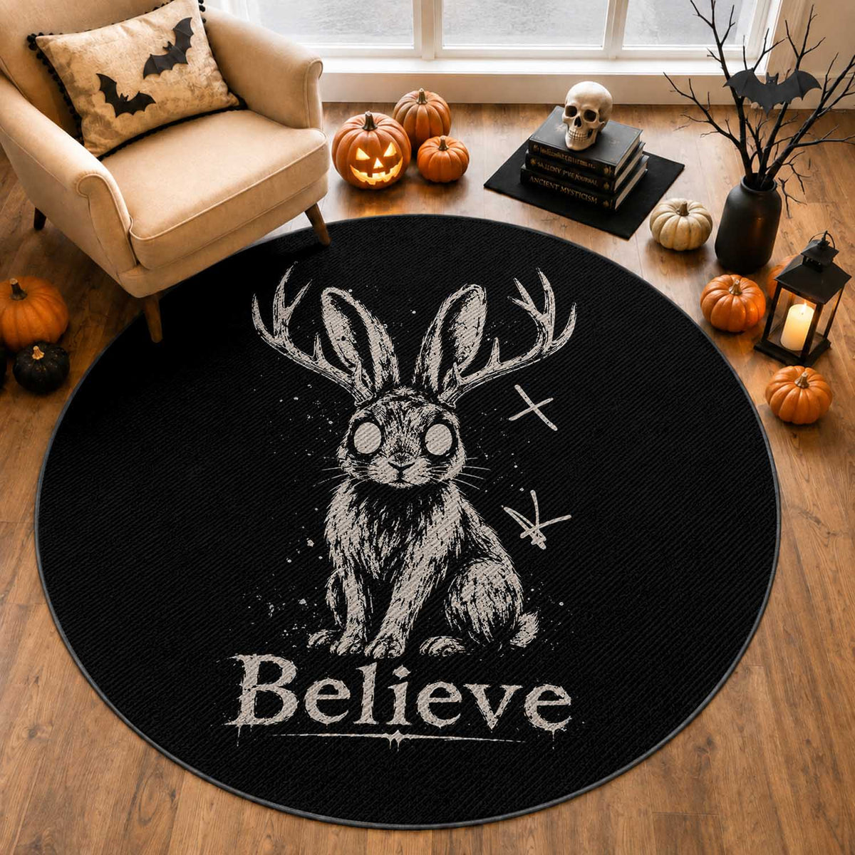 Gothic Jackalope Round Rug Creepy Occult Graphic Monochromatic Spooky Horned Rabbit Dark Academia