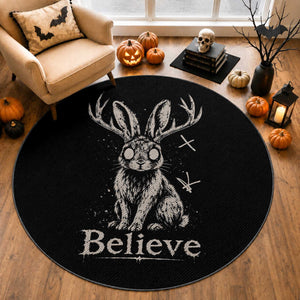 Gothic Jackalope Round Rug Creepy Occult Graphic Monochromatic Spooky Horned Rabbit Dark Academia
