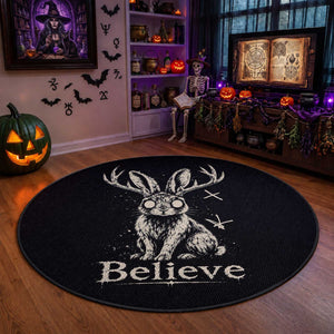 Gothic Jackalope Round Rug Creepy Occult Graphic Monochromatic Spooky Horned Rabbit Dark Academia