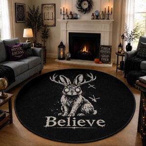 Gothic Jackalope Round Rug Creepy Occult Graphic Monochromatic Spooky Horned Rabbit Dark Academia