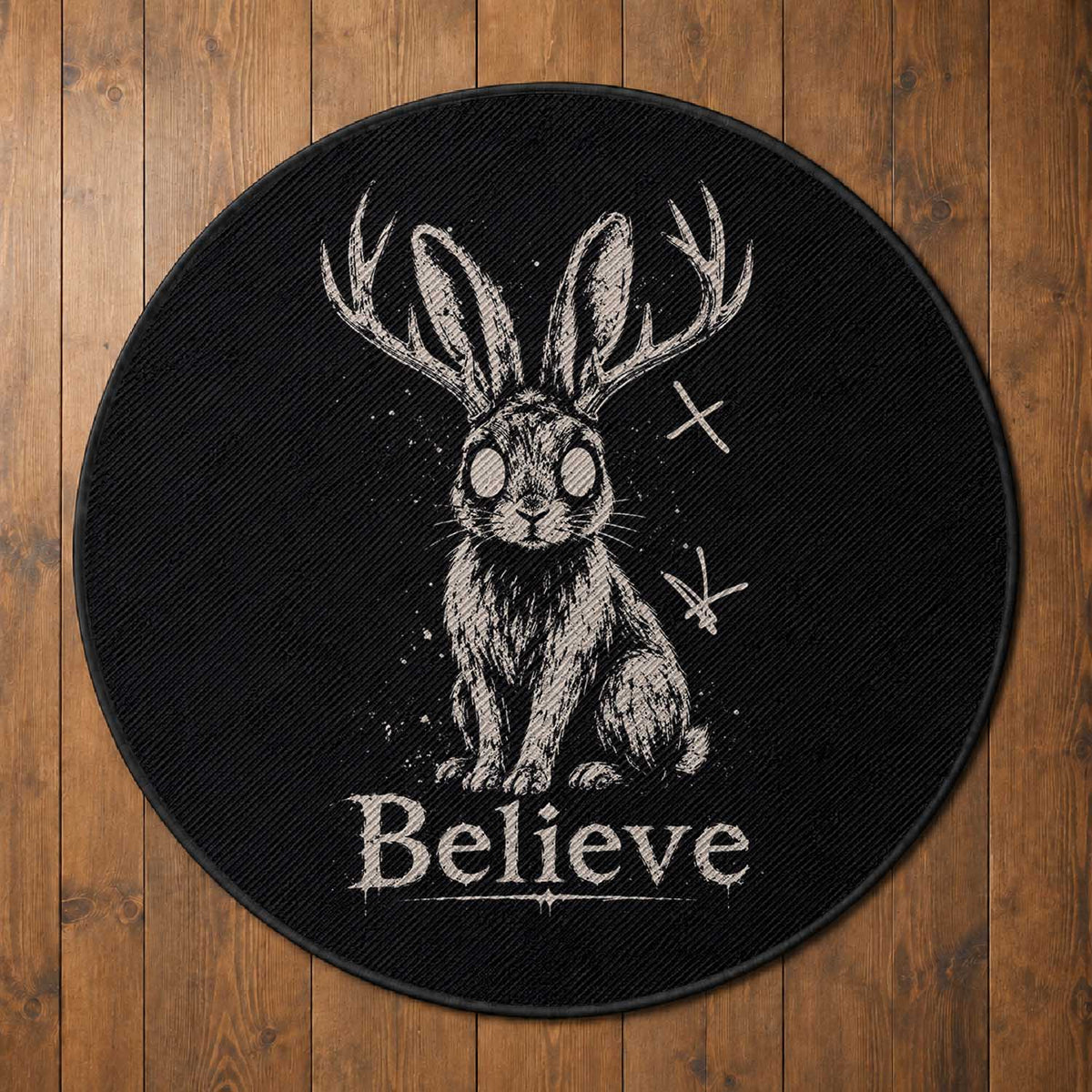Gothic Jackalope Round Rug Creepy Occult Graphic Monochromatic Spooky Horned Rabbit Dark Academia