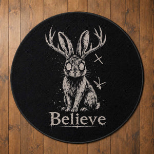 Gothic Jackalope Round Rug Creepy Occult Graphic Monochromatic Spooky Horned Rabbit Dark Academia