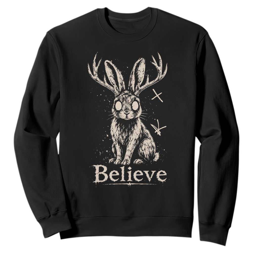 Gothic Jackalope Sweatshirt Creepy Occult Graphic Monochromatic Spooky Horned Rabbit Dark Academia