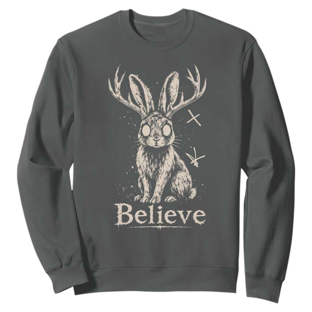 Gothic Jackalope Sweatshirt Creepy Occult Graphic Monochromatic Spooky Horned Rabbit Dark Academia