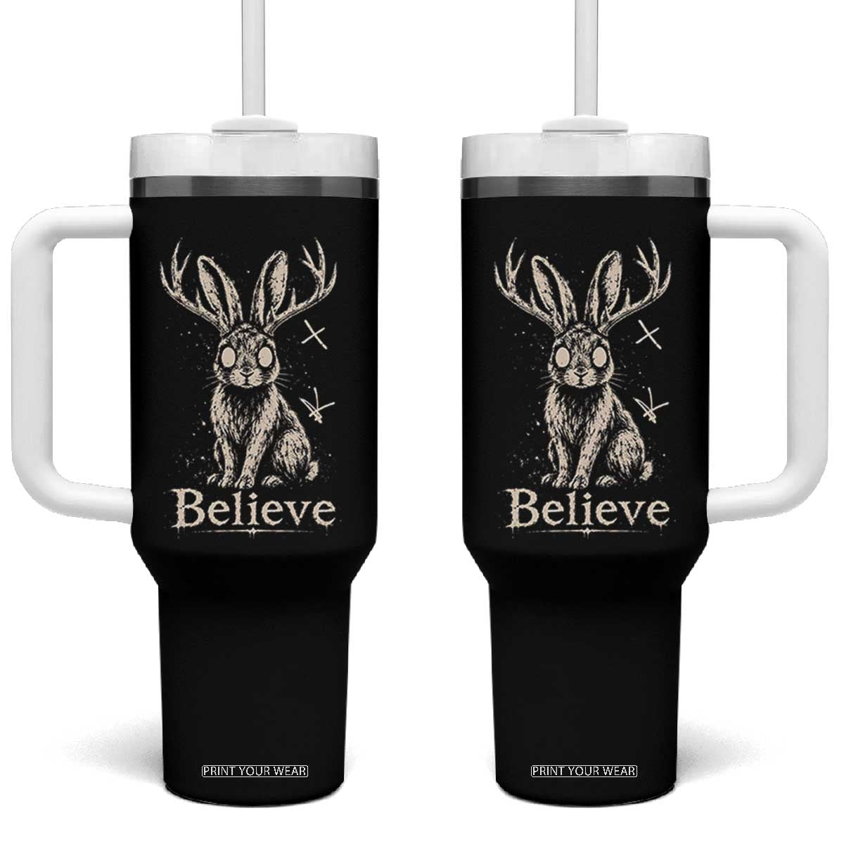 Gothic Jackalope Tumbler With Handle Creepy Occult Graphic Monochromatic Spooky Horned Rabbit Dark Academia