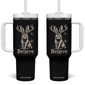 Gothic Jackalope Tumbler With Handle Creepy Occult Graphic Monochromatic Spooky Horned Rabbit Dark Academia
