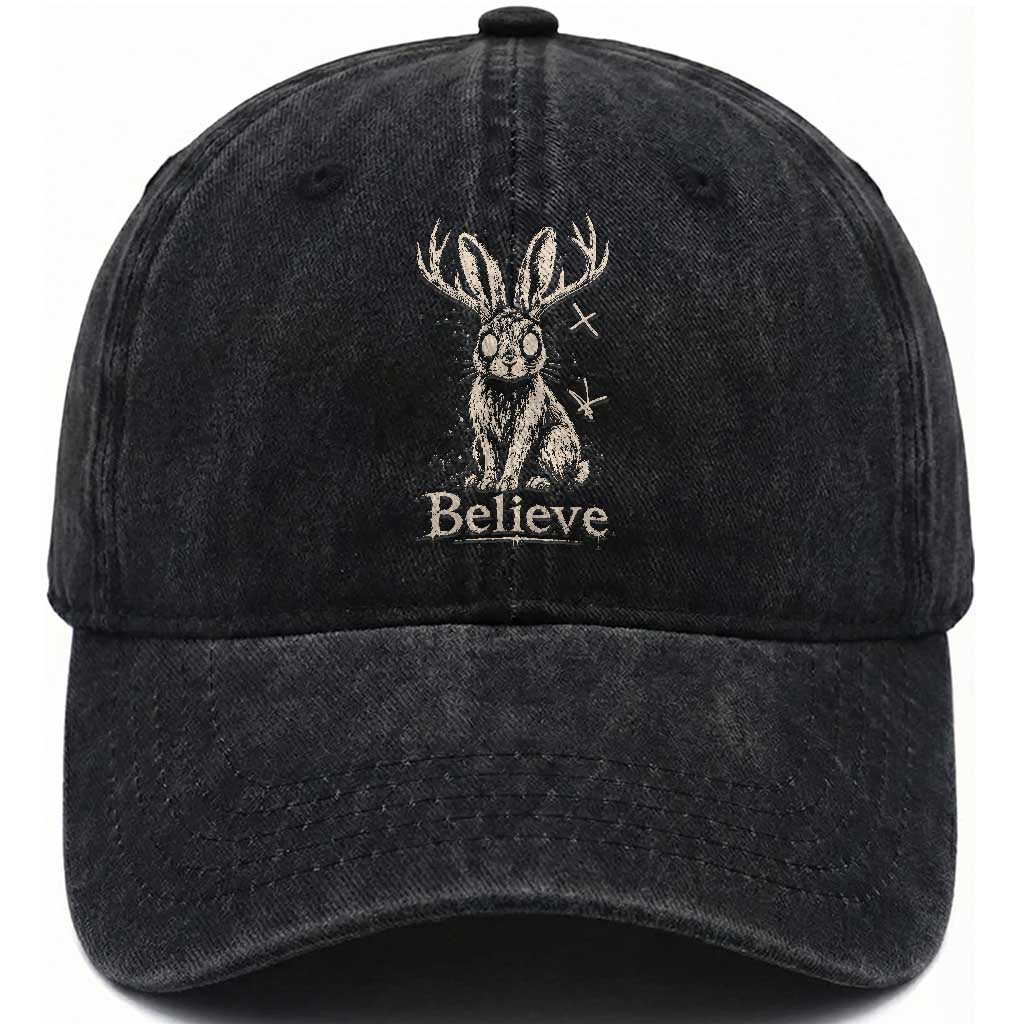 Gothic Jackalope Washed Cotton Baseball Cap Creepy Occult Graphic Monochromatic Spooky Horned Rabbit Dark Academia