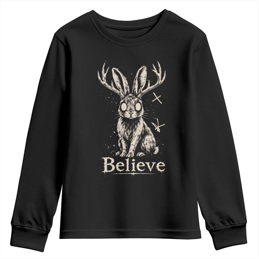 Gothic Jackalope Youth Sweatshirt Creepy Occult Graphic Monochromatic Spooky Horned Rabbit Dark Academia