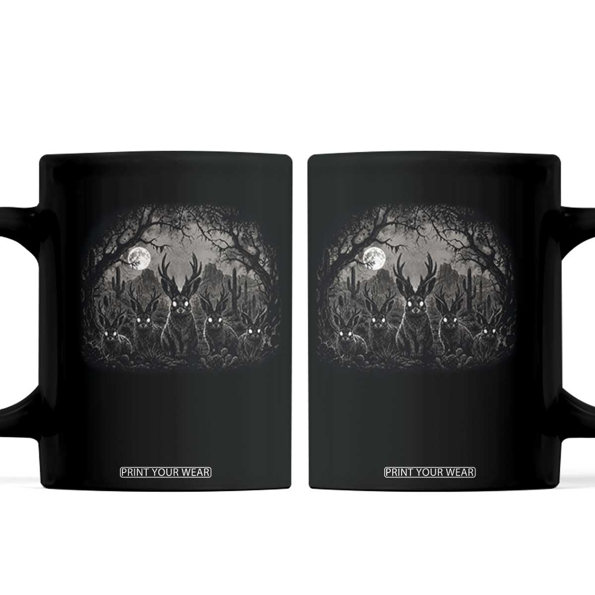 Gothic Jackalope Coffee Mug Monochromatic Dark Fantasy Cryptid Horned Rabbit