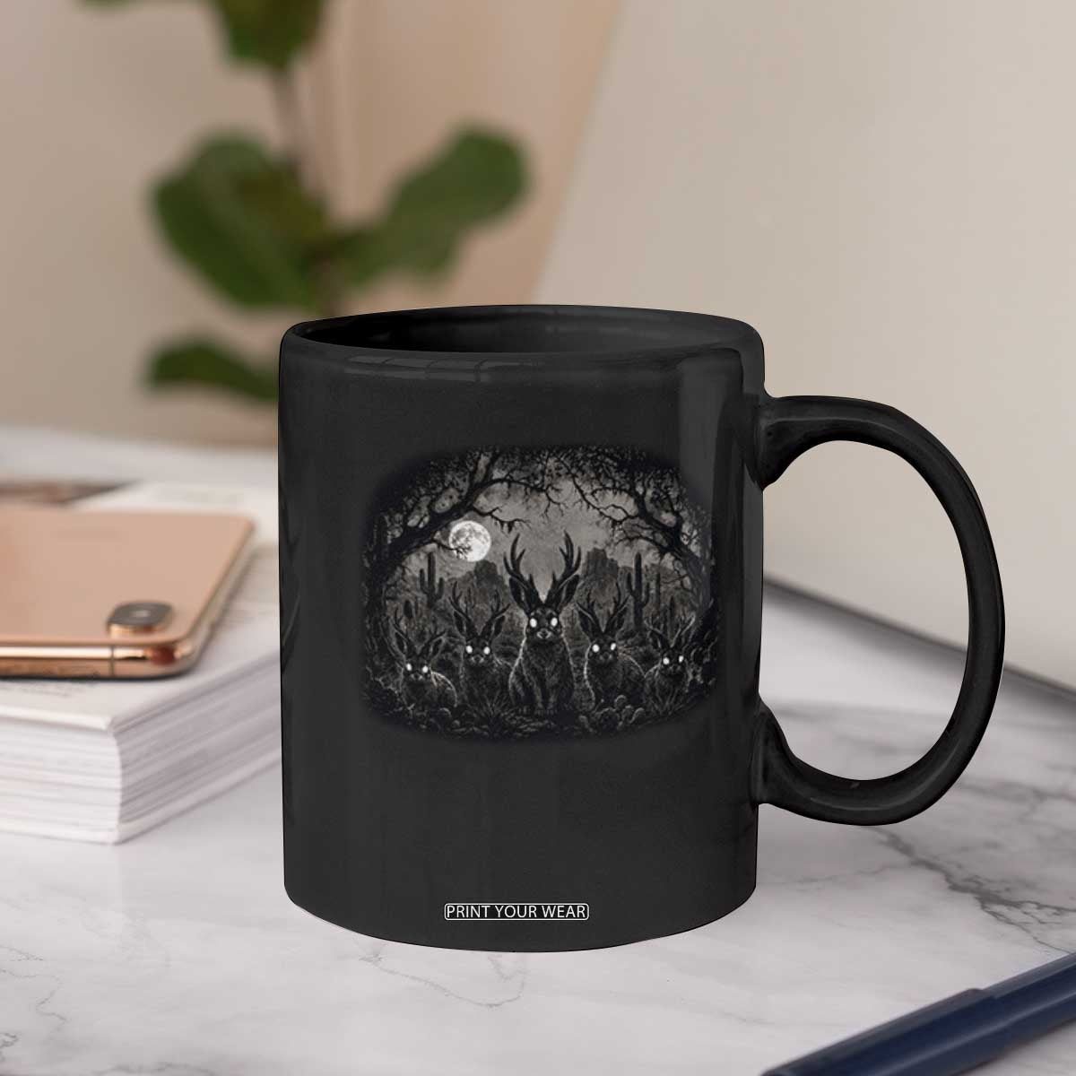 Gothic Jackalope Coffee Mug Monochromatic Dark Fantasy Cryptid Horned Rabbit