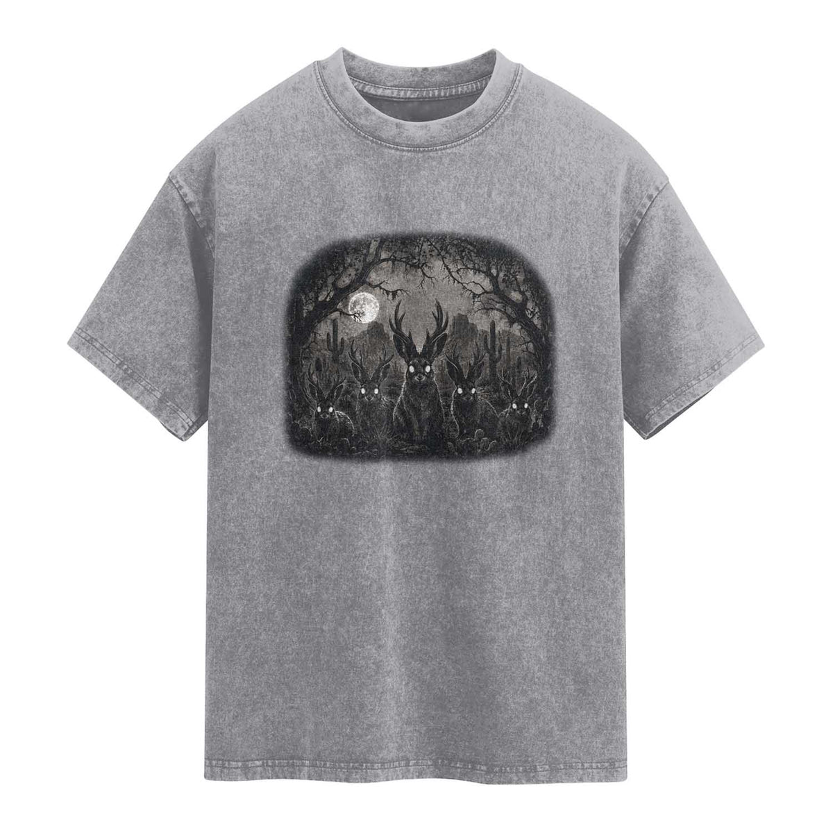 Gothic Jackalope Washed Cotton T-Shirt Monochromatic Dark Fantasy Cryptid Horned Rabbit