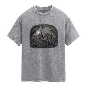 Gothic Jackalope Washed Cotton T-Shirt Monochromatic Dark Fantasy Cryptid Horned Rabbit