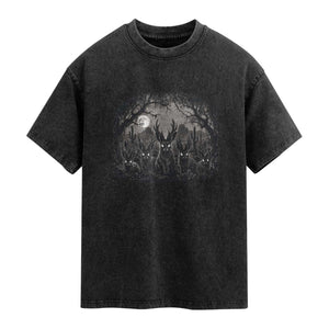 Gothic Jackalope Washed Cotton T-Shirt Monochromatic Dark Fantasy Cryptid Horned Rabbit