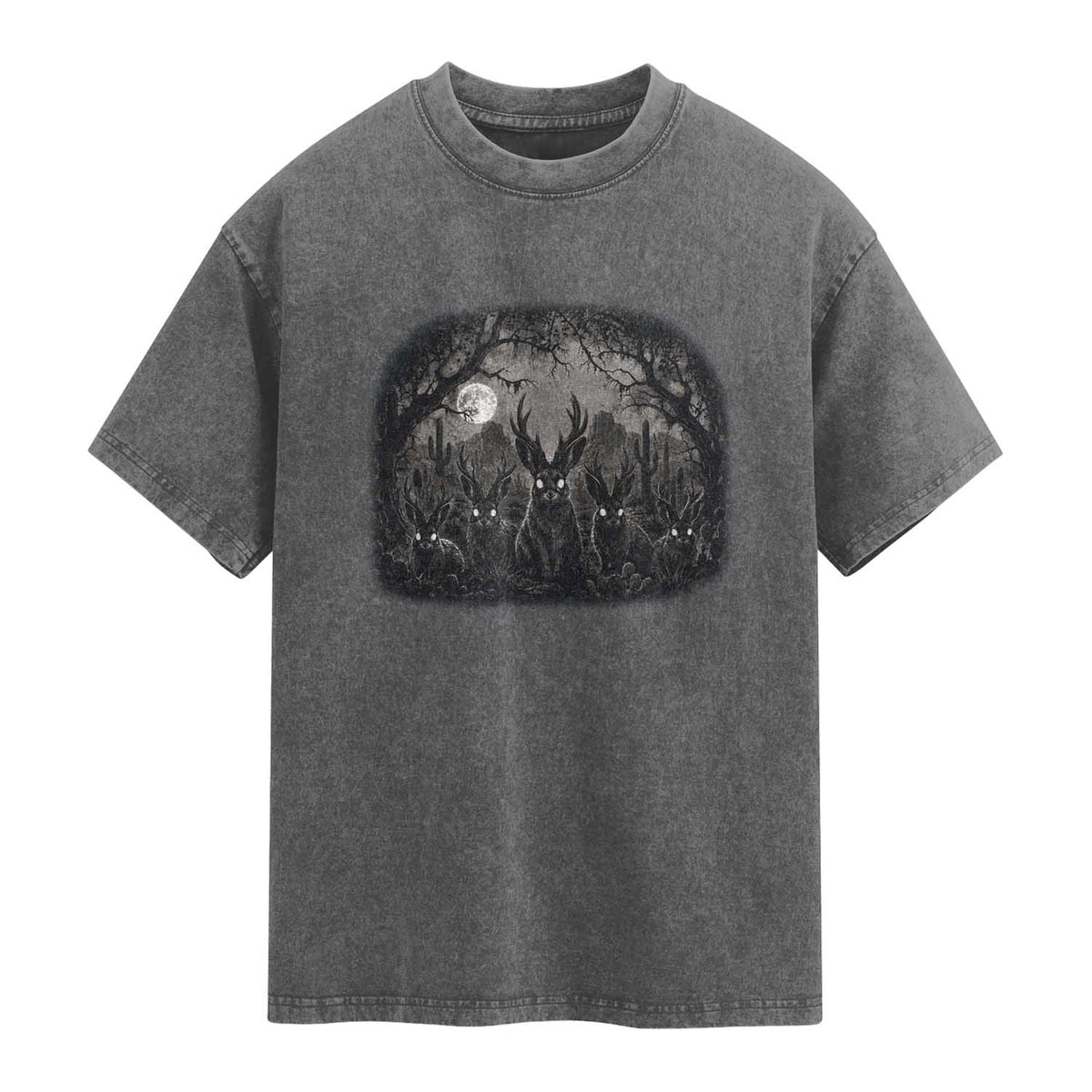 Gothic Jackalope Washed Cotton T-Shirt Monochromatic Dark Fantasy Cryptid Horned Rabbit