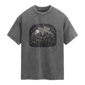 Gothic Jackalope Washed Cotton T-Shirt Monochromatic Dark Fantasy Cryptid Horned Rabbit