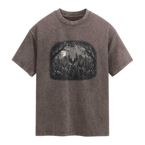 Gothic Jackalope Washed Cotton T-Shirt Monochromatic Dark Fantasy Cryptid Horned Rabbit