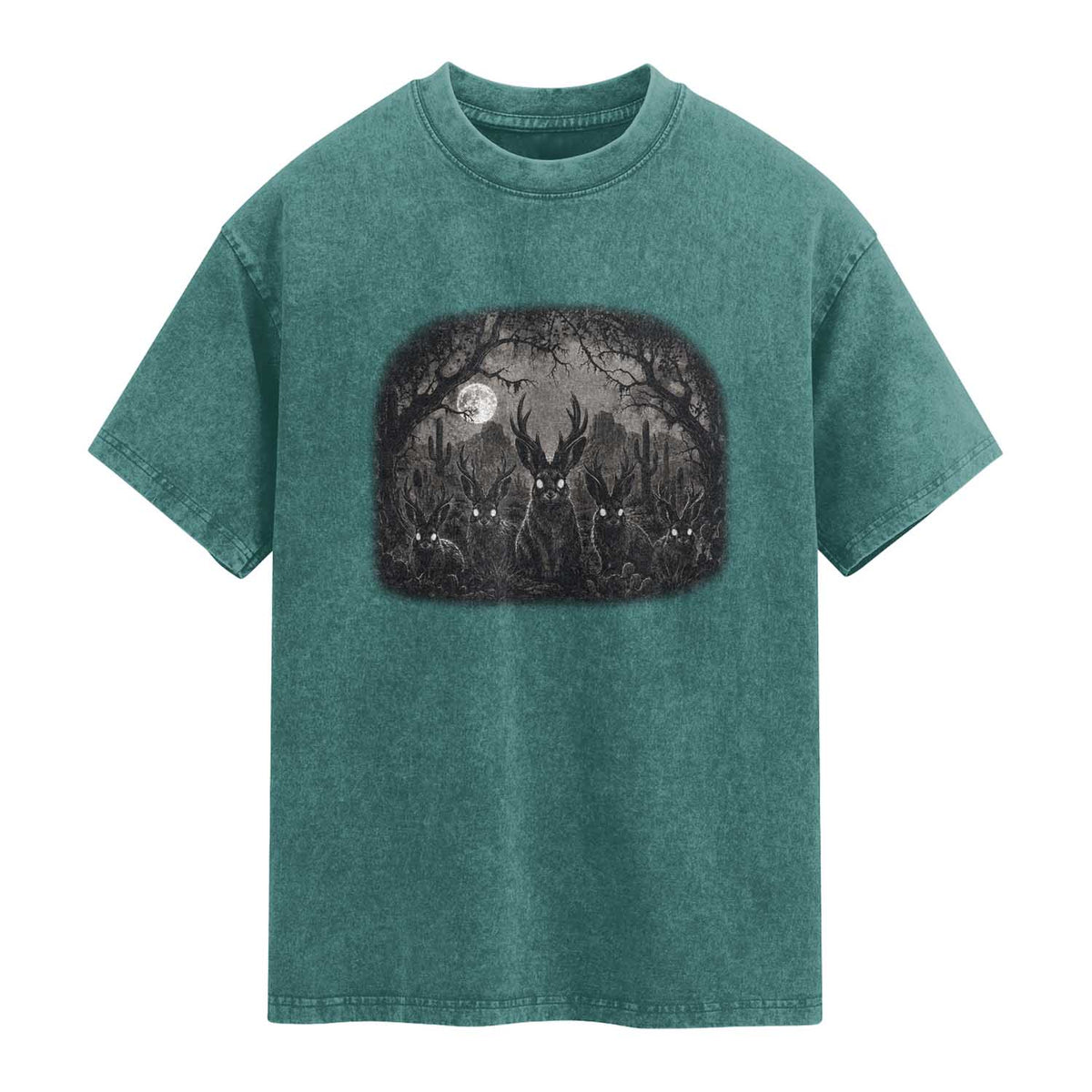 Gothic Jackalope Washed Cotton T-Shirt Monochromatic Dark Fantasy Cryptid Horned Rabbit