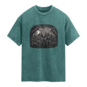 Gothic Jackalope Washed Cotton T-Shirt Monochromatic Dark Fantasy Cryptid Horned Rabbit