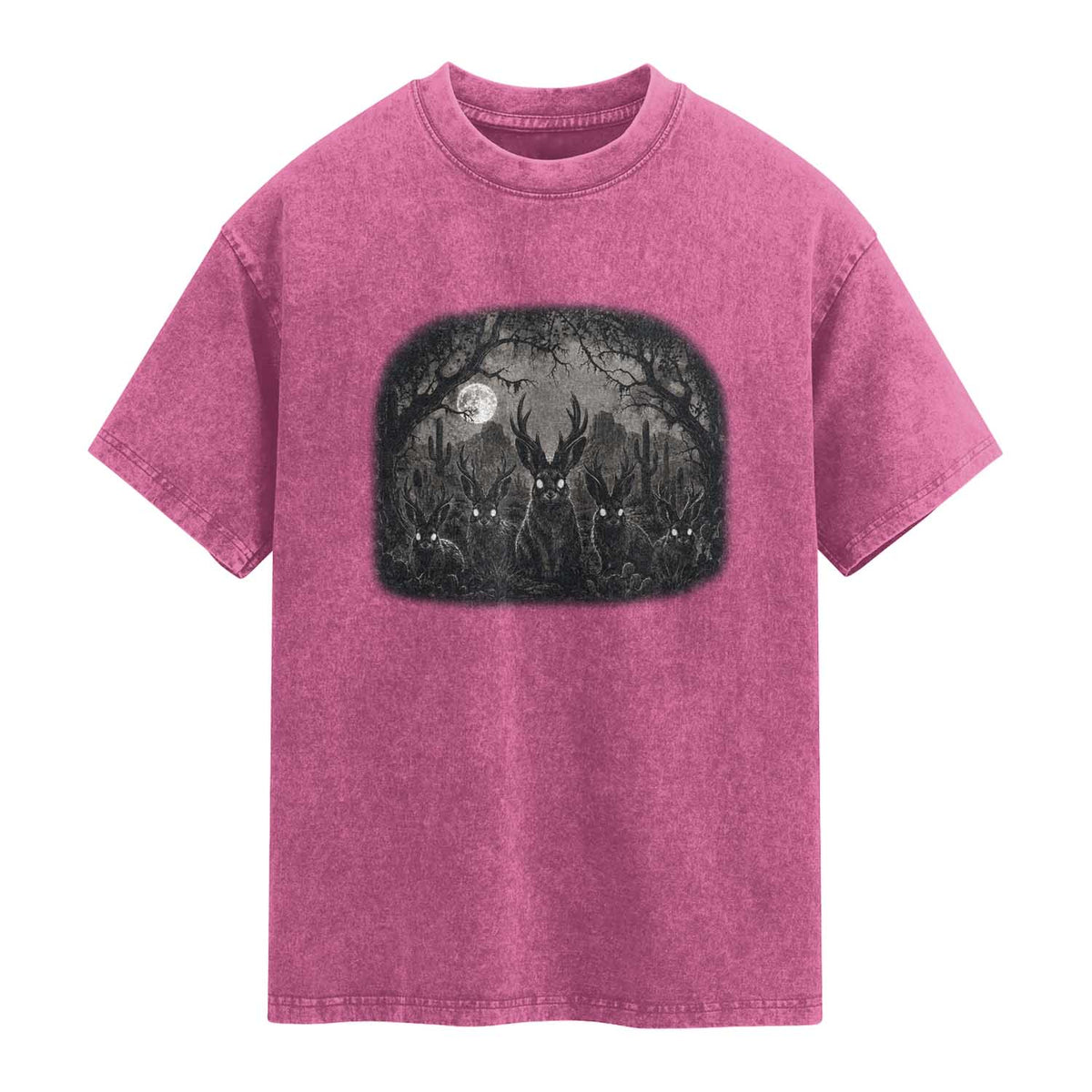 Gothic Jackalope Washed Cotton T-Shirt Monochromatic Dark Fantasy Cryptid Horned Rabbit