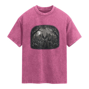 Gothic Jackalope Washed Cotton T-Shirt Monochromatic Dark Fantasy Cryptid Horned Rabbit