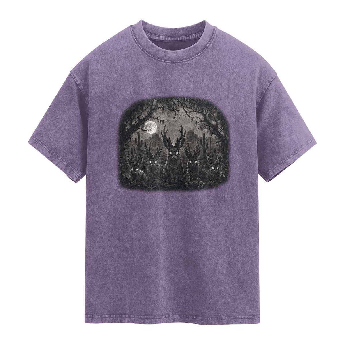 Gothic Jackalope Washed Cotton T-Shirt Monochromatic Dark Fantasy Cryptid Horned Rabbit