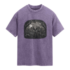 Gothic Jackalope Washed Cotton T-Shirt Monochromatic Dark Fantasy Cryptid Horned Rabbit