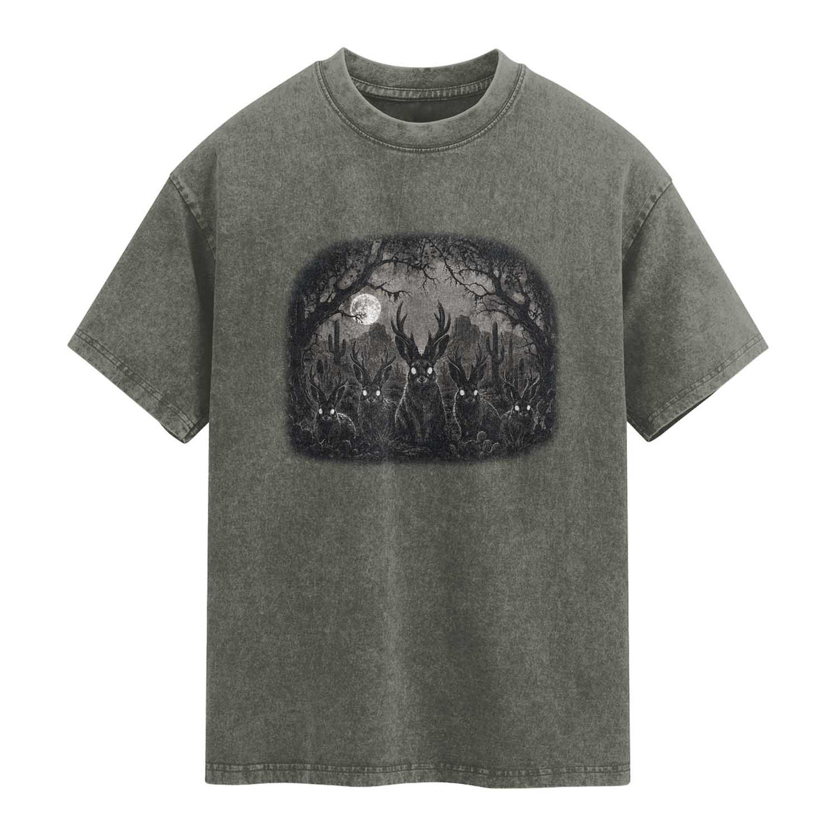 Gothic Jackalope Washed Cotton T-Shirt Monochromatic Dark Fantasy Cryptid Horned Rabbit