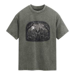 Gothic Jackalope Washed Cotton T-Shirt Monochromatic Dark Fantasy Cryptid Horned Rabbit