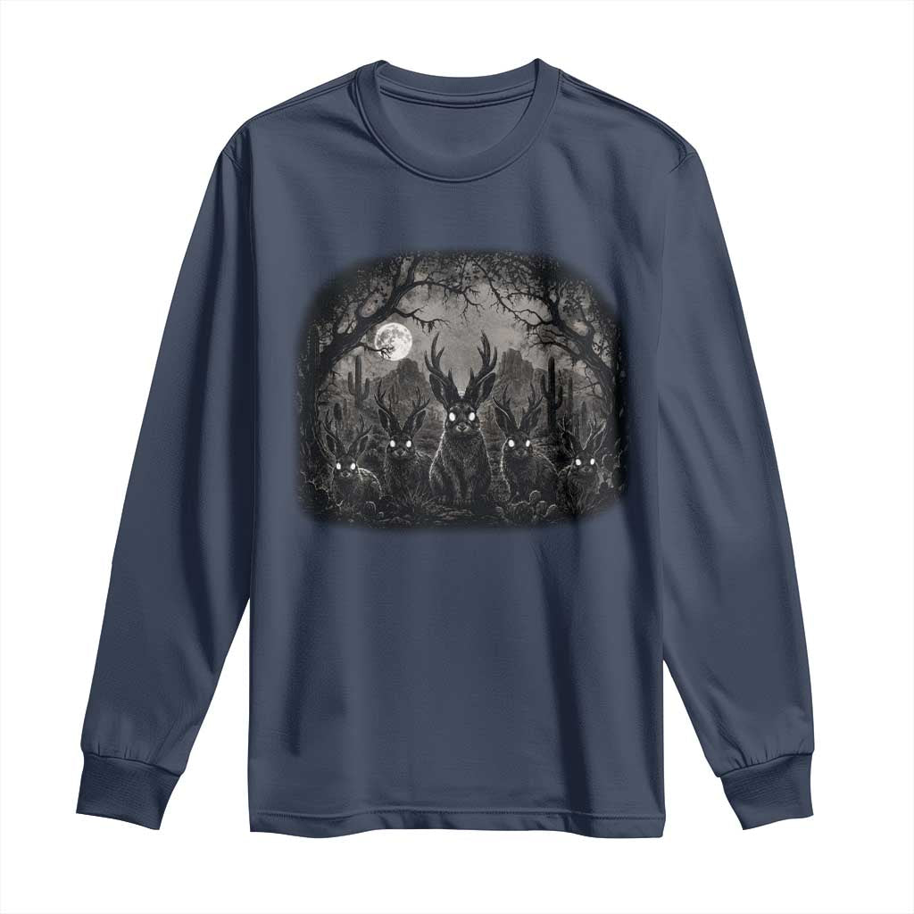 Gothic Jackalope Long Sleeve Shirt Monochromatic Dark Fantasy Cryptid Horned Rabbit