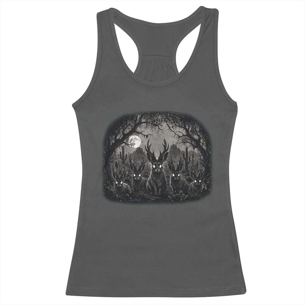 Gothic Jackalope Racerback Tank Top Monochromatic Dark Fantasy Cryptid Horned Rabbit