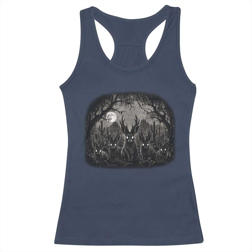 Gothic Jackalope Racerback Tank Top Monochromatic Dark Fantasy Cryptid Horned Rabbit