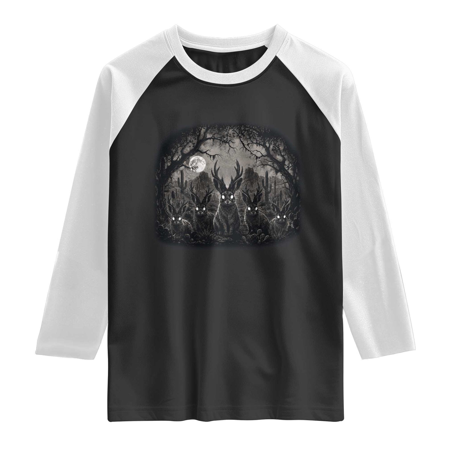 Gothic Jackalope Raglan Shirt Monochromatic Dark Fantasy Cryptid Horned Rabbit