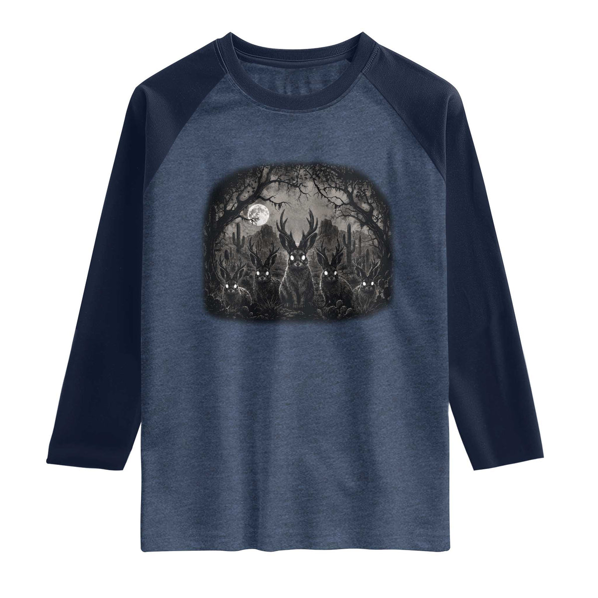 Gothic Jackalope Raglan Shirt Monochromatic Dark Fantasy Cryptid Horned Rabbit