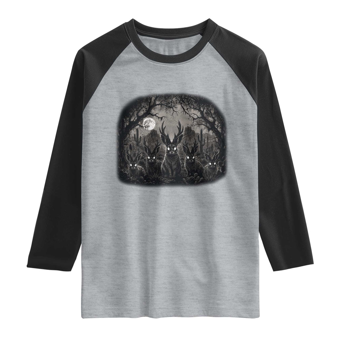 Gothic Jackalope Raglan Shirt Monochromatic Dark Fantasy Cryptid Horned Rabbit