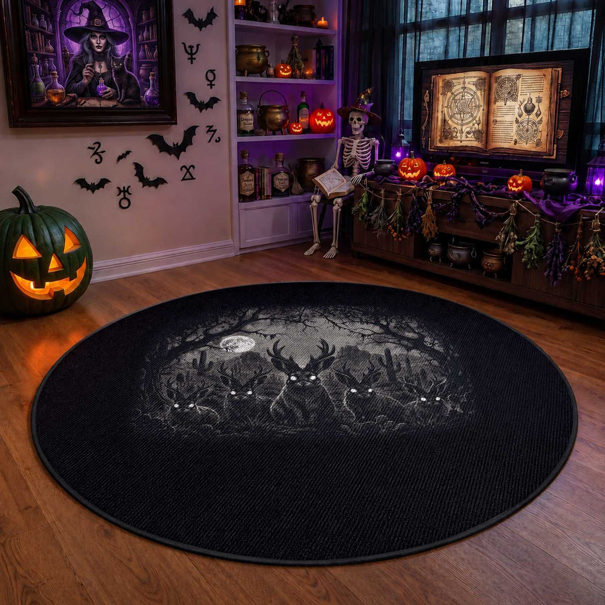 Gothic Jackalope Round Rug Monochromatic Dark Fantasy Cryptid Horned Rabbit