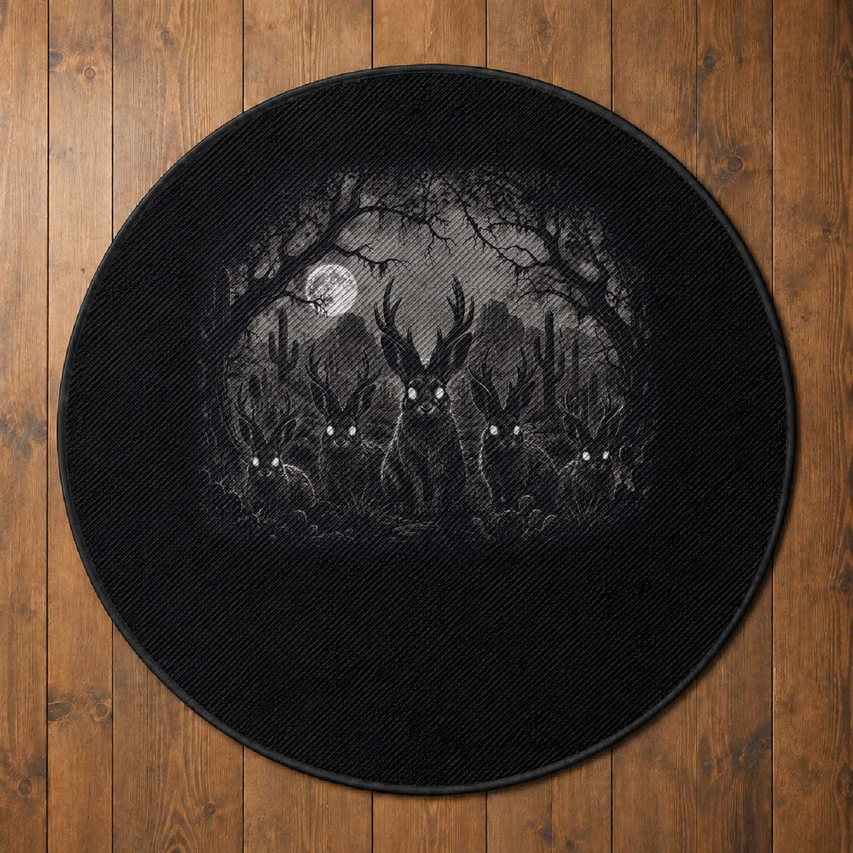 Gothic Jackalope Round Rug Monochromatic Dark Fantasy Cryptid Horned Rabbit