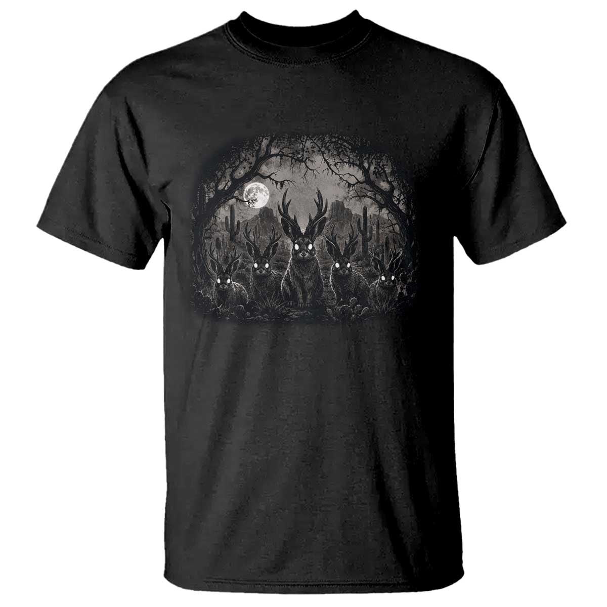 Gothic Jackalope T Shirt Monochromatic Dark Fantasy Cryptid Horned Rabbit