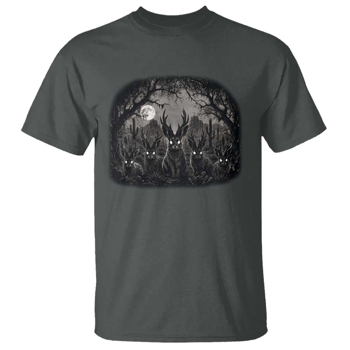 Gothic Jackalope T Shirt Monochromatic Dark Fantasy Cryptid Horned Rabbit