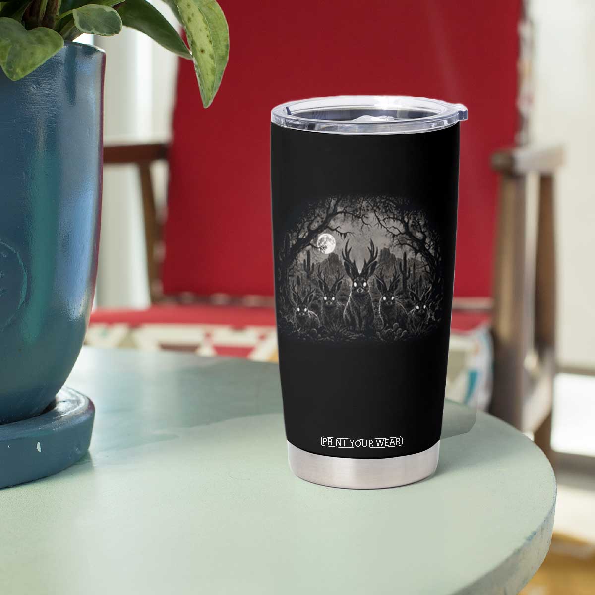 Gothic Jackalope Tumbler Cup Monochromatic Dark Fantasy Cryptid Horned Rabbit