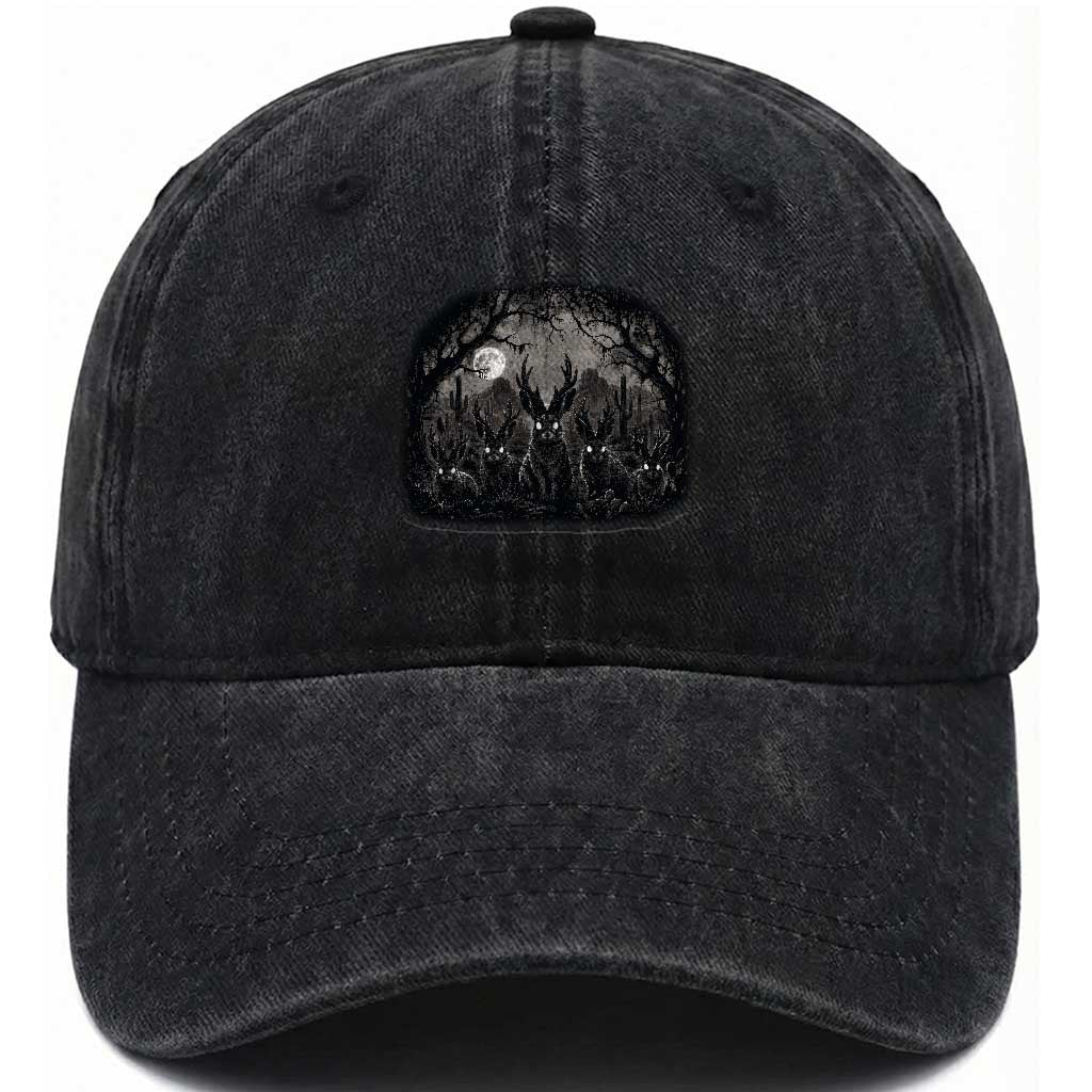 Gothic Jackalope Washed Cotton Baseball Cap Monochromatic Dark Fantasy Cryptid Horned Rabbit