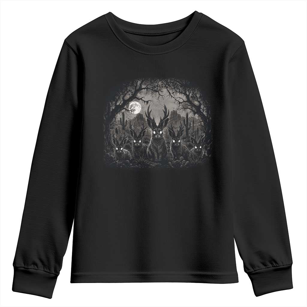 Gothic Jackalope Youth Sweatshirt Monochromatic Dark Fantasy Cryptid Horned Rabbit