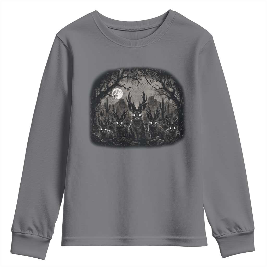 Gothic Jackalope Youth Sweatshirt Monochromatic Dark Fantasy Cryptid Horned Rabbit